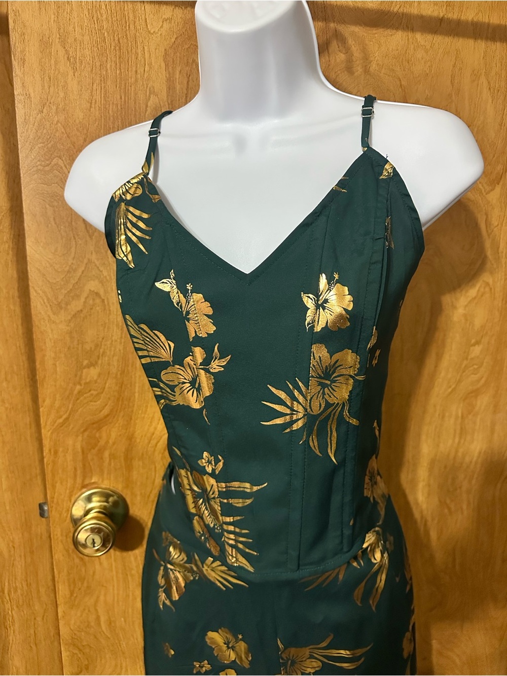 PrettyLittleThing Dark Green Pants Set with Gold Floral Print
